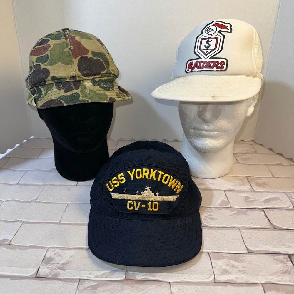 Vintage Hat Bundle USS Yorktown CV-10 Raiders Trucker Duck Camo Hunting Cap Lot